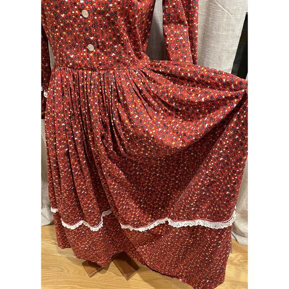 VTG Handmade Prairie Maxi Dress Red Calico Tiered + Bonnet Long Sleeve Sz Small - Picture 2 of 15